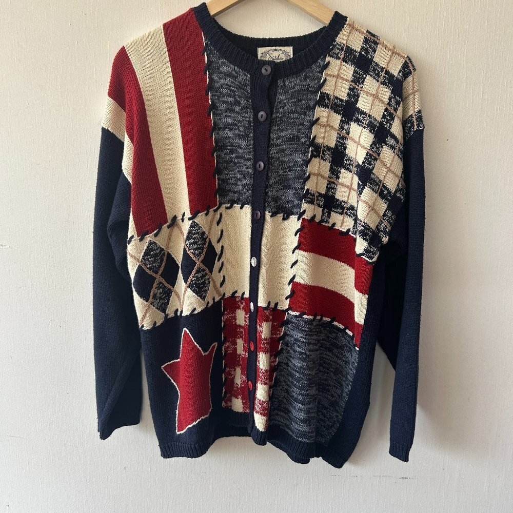 Stitches in Time Cardigan Womens Medium Sweater Red White Blue Americana USA